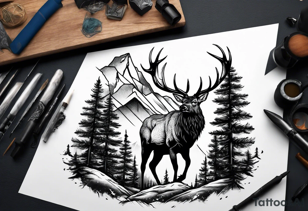 sleeve pine tree moutain elk tattoo idea