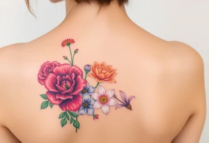 Carnation, Aster,Rose, Lily of the valley, Larkspur, watercolor flowers, middle of back clump together tattoo idea
