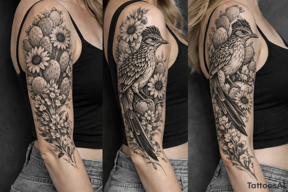 Medium size roadrunner surrounded by cactus and wildflowers including sunflowers and Indian paint brush flowers from shoulder onto hand tattoo idea