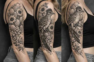 Medium size roadrunner surrounded by cactus and wildflowers including sunflowers and Indian paint brush flowers from shoulder onto hand tattoo idea