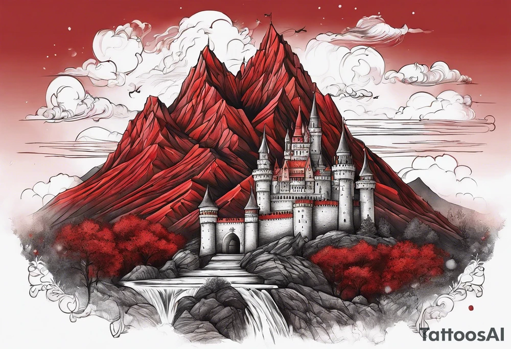red mountains which there are two fantasies castles. tattoo idea