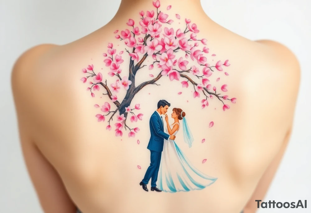 A watercolor-style bride and groom dancing under a soft pink cherry blossom tree, with delicate petals falling around them tattoo idea