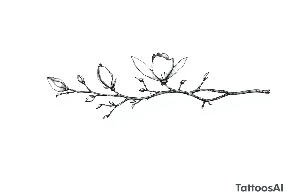 Magnolia branch long with different small almost closed flowers, with botanical details and dots tattoo idea