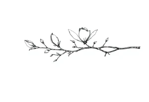 Magnolia branch long with different small almost closed flowers, with botanical details and dots tattoo idea