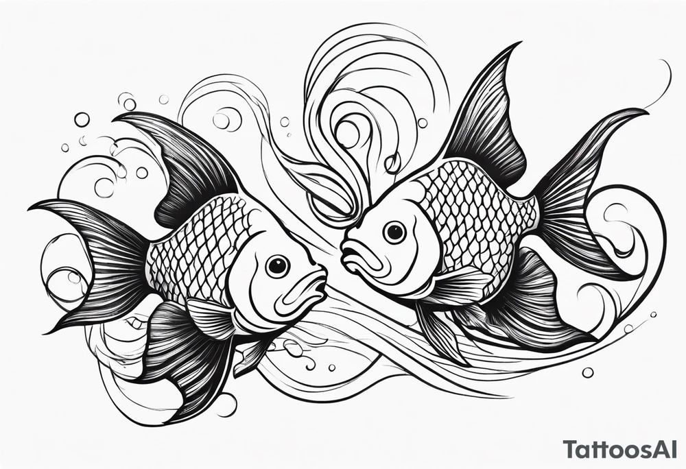 Design a small tattoo featuring a pair of goldfish intertwined, symbolizing harmony and companionship in a flowing design tattoo idea