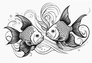 Design a small tattoo featuring a pair of goldfish intertwined, symbolizing harmony and companionship in a flowing design tattoo idea