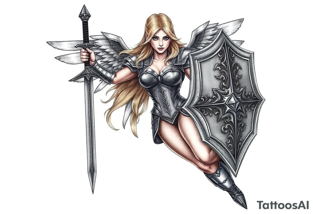blonde valkyrie with sword and shield -- location calf -- image should show entire body of the valkyrie -- she should have large breasts and beautiful yet tough -- full color, realistic, should have breast armor, less cartoony more realistic, should -- full color-- 
 show her entire body
tattoo located on calf not on back tattoo idea