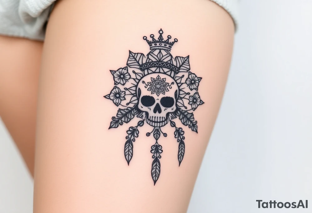 Mandala dream catcher lace with delicate skull and flowers wearing elegant crown tattoo idea