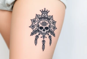 Mandala dream catcher lace with delicate skull and flowers wearing elegant crown tattoo idea