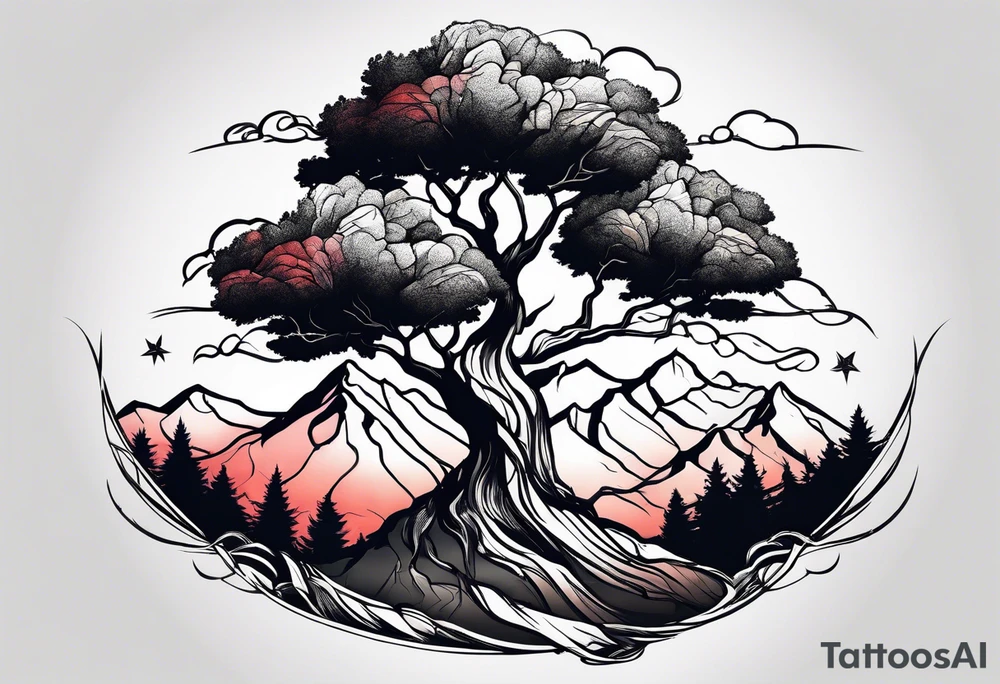 mountain with tree of life tattoo idea