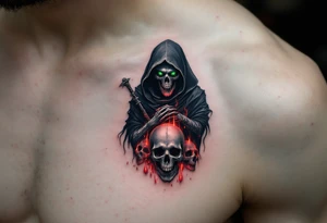 A black-and-gray Reaper with deep green eyes standing atop a pile of glowing red skull tattoo idea