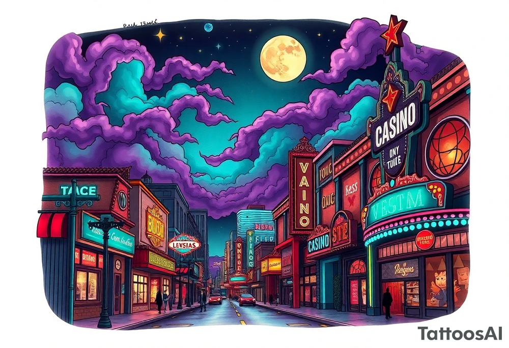 Tim Burton’s vegas casino on the strip from outside view is the street is littered with neon signs  and dripping with muted reds, dusty pinks, and eerie green glow purple and cyan smokey clouds swim through the moonlit night air as the stars twinkle tattoo idea tattoo idea