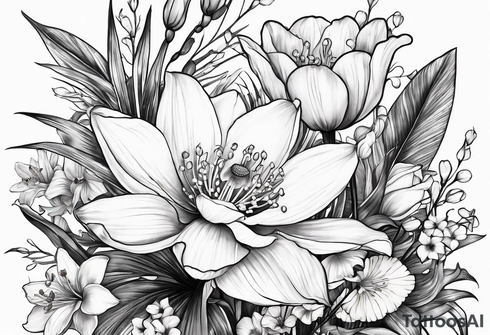 A bouquet of flowers with a water lily, gladiolus, poppy, lily of the valley, daffodil, and a honey suckle. tattoo idea