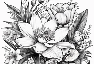 A bouquet of flowers with a water lily, gladiolus, poppy, lily of the valley, daffodil, and a honey suckle. tattoo idea