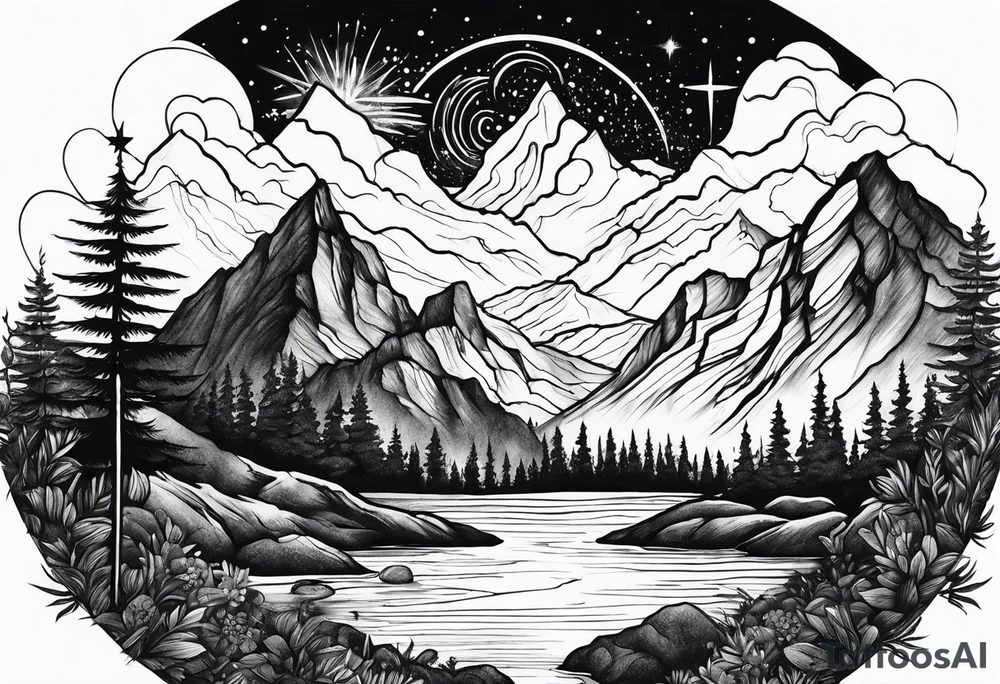 mountains, nature, stars, cross, waterfall, water tattoo idea