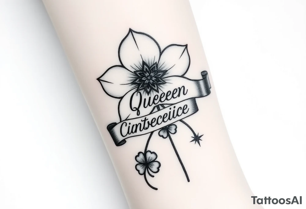 A beautiful flower with a card queen sign and a ribbon tied around the flower with queenie written on it joined by a  star and a four leaf clover tattoo idea