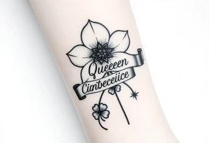 A beautiful flower with a card queen sign and a ribbon tied around the flower with queenie written on it joined by a  star and a four leaf clover tattoo idea
