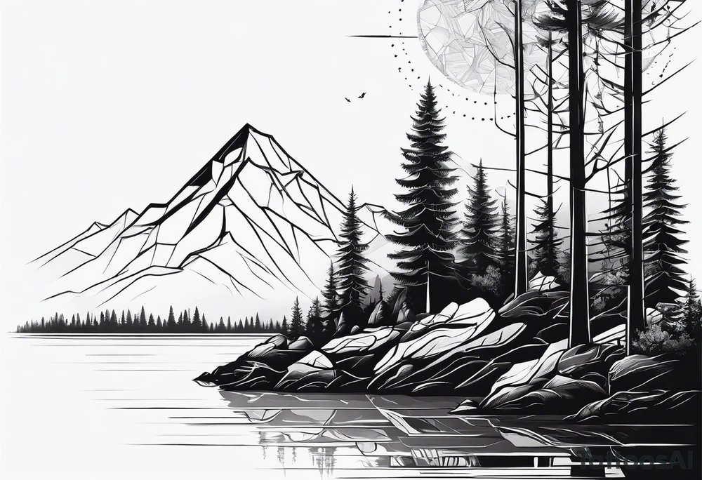 Wald silhouette mit geometric Muster im Hintergrund tattoo idea