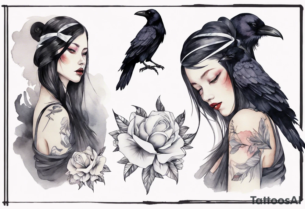 raven wearing a white ribbon bracelet tattoo idea