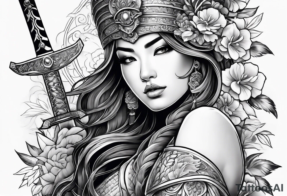 ornate beautiful woman warrior with weapon & floral surrounding tattoo tattoo idea