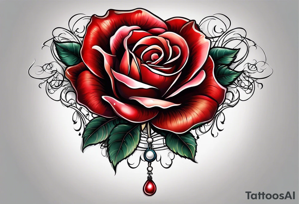 Red rose with a pearl necklace dangling tattoo idea