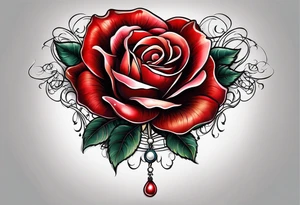 Red rose with a pearl necklace dangling tattoo idea