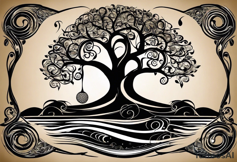 A tattoo design that incorporates the following elements: an abstract tree of life that has roots emerging  from the ground. Waves of water encapsulate the tree and wind around it in an organic way.  Incorporate music.   the letters U and A are overlapping and engraved into the tree. a golf ball incorporated but not prominent. tattoo idea