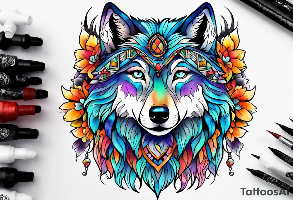 Hippie wolf tattoo idea