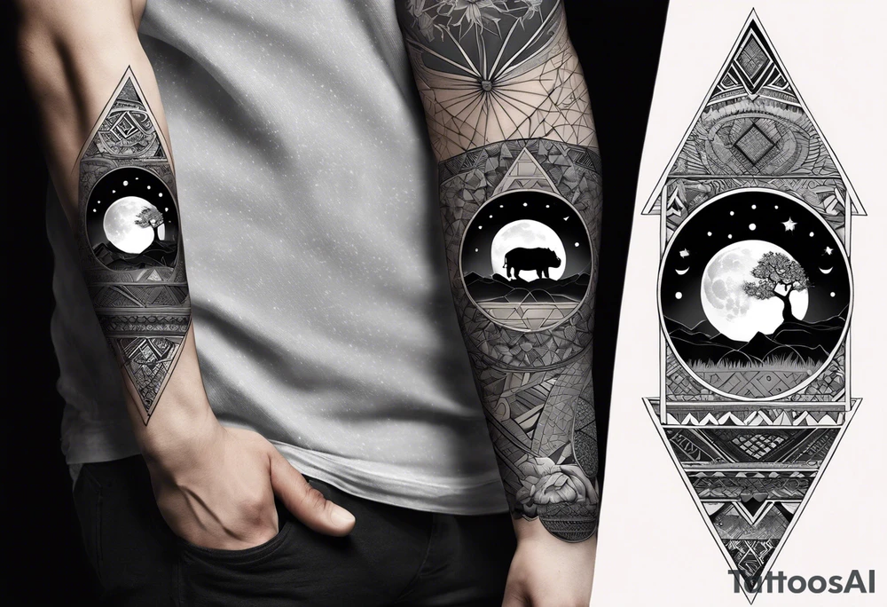Very asymmetrical, +geometric pattern, with realistic full moon, with hippo,+tribal, +geometric, +inkart , +blackwork, +grey scale, + sketch
with wintersweet flower bud, +for men, detailed layering , modify from my favourites , tattoo idea