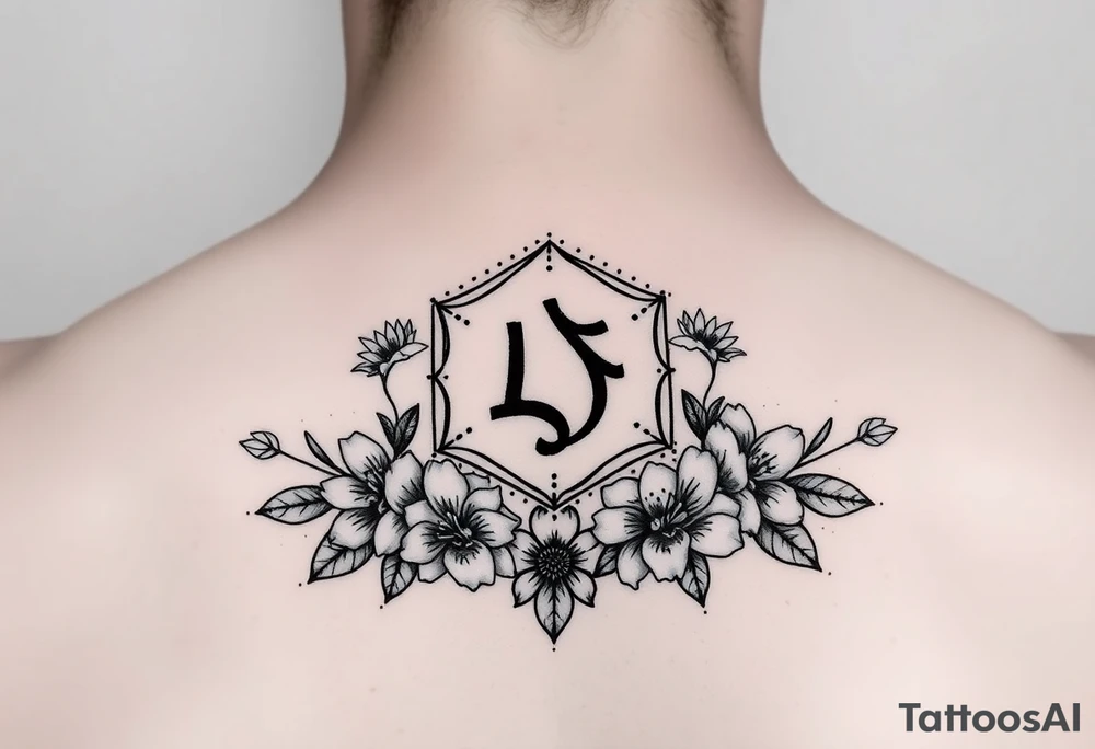 Small Feminine simple Dotted Line hexagon with Leo astrological symbol surrounded by larkspurs and water lilies tattoo idea