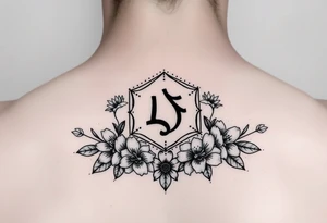 Small Feminine simple Dotted Line hexagon with Leo astrological symbol surrounded by larkspurs and water lilies tattoo idea