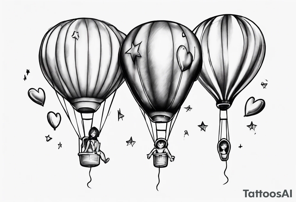 Hot water balloon with star and heart balloons and girl inside the balloon tattoo idea