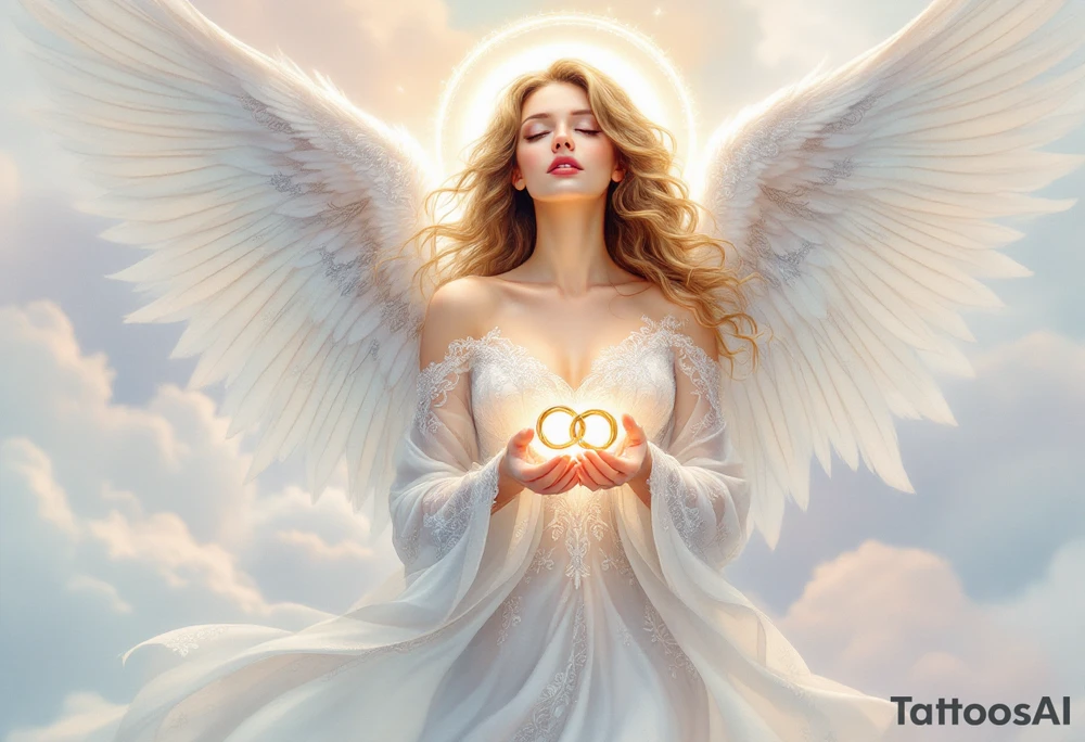 A majestic guardian angel with soft, flowing wings, gently cradling a pair of intertwined golden wedding rings in its hands. The angel’s robe is made of delicate white and silver filigree patterns, flowing like silk in the wind. A radiant halo of soft golden light hovers above its head, casting a gentle glow. The background features subtle pastel clouds in shades of pale pink, lavender, and sky blue, giving the design a dreamy, ethereal feel. tattoo idea