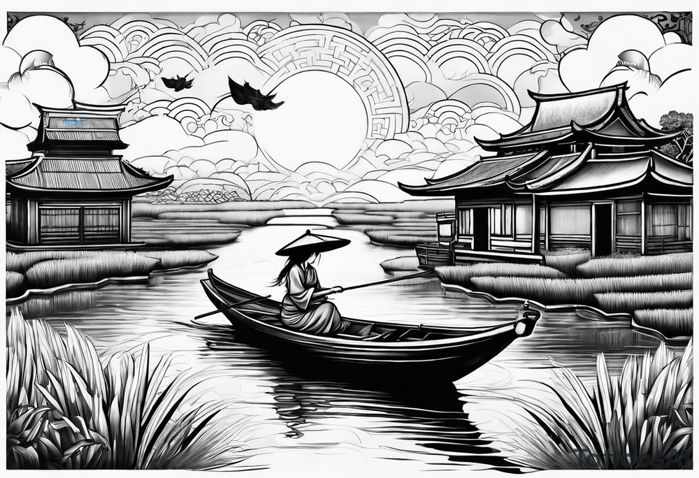 vietnamese lady on boat rice fields water sunset home clouds lanterns tattoo idea