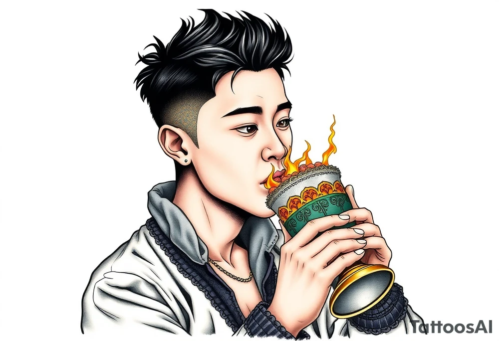Handsome Asian young guy is drinking from medieval feast cup tattoo idea