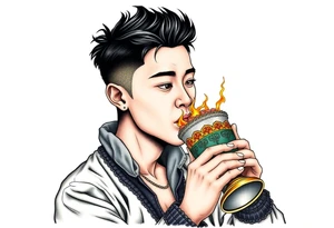 Handsome Asian young guy is drinking from medieval feast cup tattoo idea