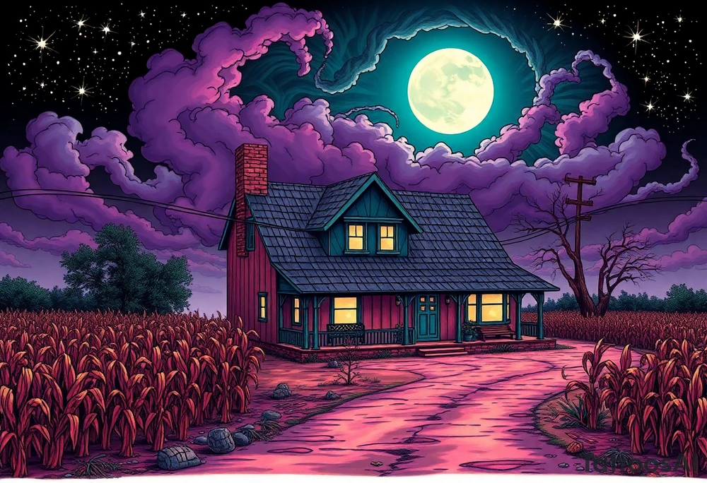 Tim Burton’s el paso texas farm house, with corn crops and pecan orchard from outside view is the street abandoned and dripping with muted reds, dusty pinks, and eerie green glow purple and cyan smokey clouds swirl and dance in the moonlit night sky filled with twinkling stars  tattoo idea tattoo idea