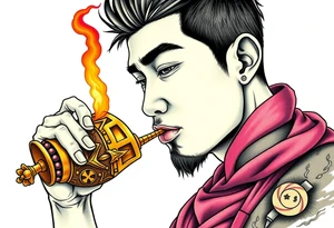 Handsome Asian young guy is drinking from medieval golden cup tattoo idea