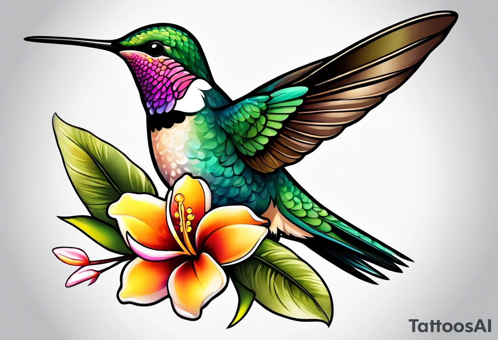 Hummingbird with a plumeria masculine style colorful tattoo idea