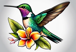 Hummingbird with a plumeria masculine style colorful tattoo idea