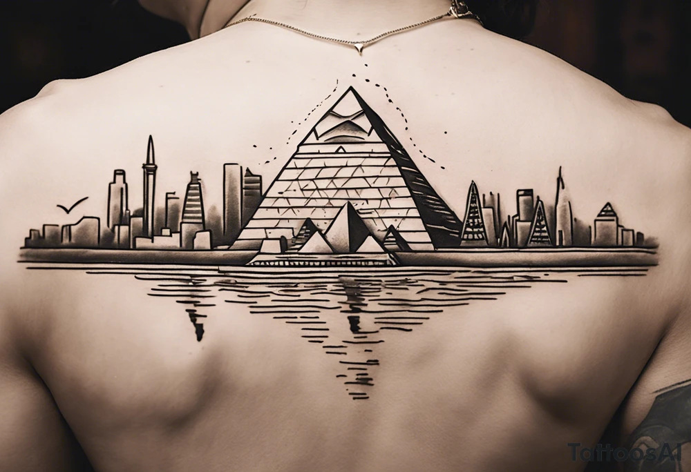 Craft a concise yet powerful tattoo that blends the Pyramids of Giza with the Manhattan skyline as the backdrop, seamlessly integrating the Nile River with the Hudson River. Keep it simple, focusing on key elements like pyramid silhouettes and iconic skyscrapers, allowing the rivers to converge naturally. Opt for a balanced composition with minimal detailing, capturing the essence of your Egyptian heritage alongside your life in New York tattoo idea