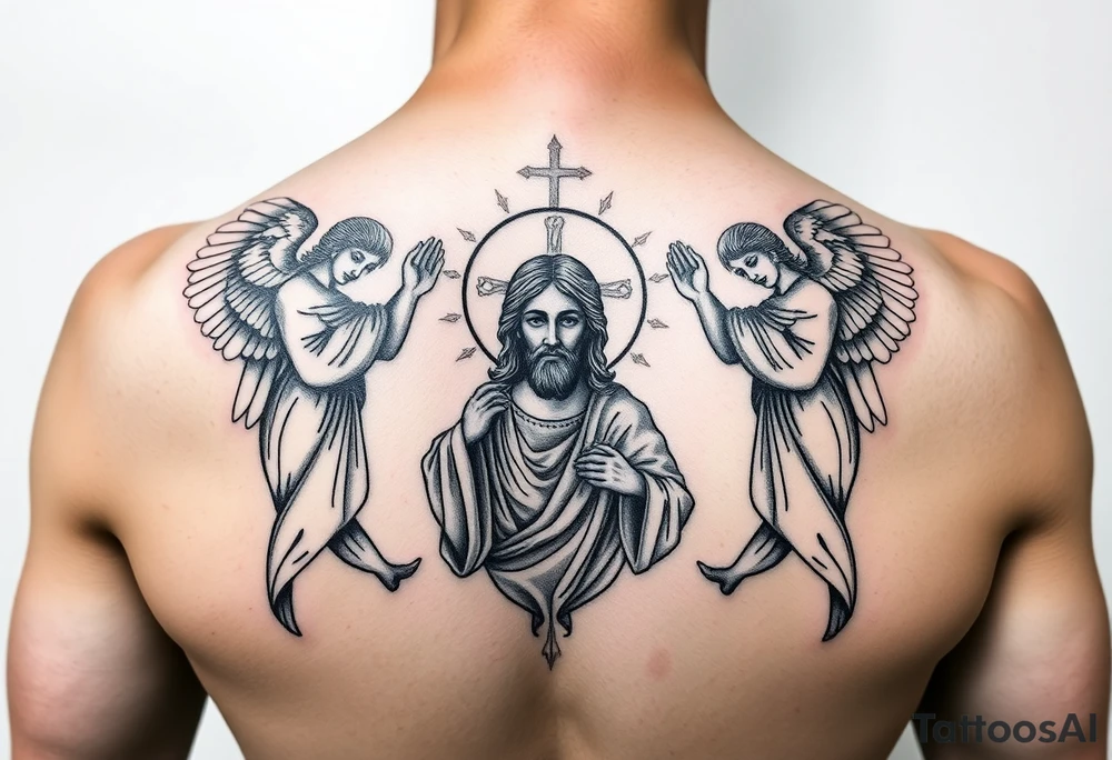 russian orthodox symmetrical guardian angel icon on left and right side of back with both angels holding up a jesus potrait tattoo idea