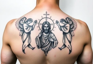 russian orthodox symmetrical guardian angel icon on left and right side of back with both angels holding up a jesus potrait tattoo idea
