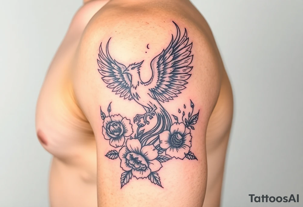 A pheonix rising out of fire surrounded by carnation flowers on the upper arm tattoo idea