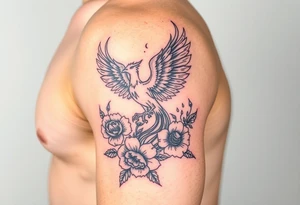 A pheonix rising out of fire surrounded by carnation flowers on the upper arm tattoo idea