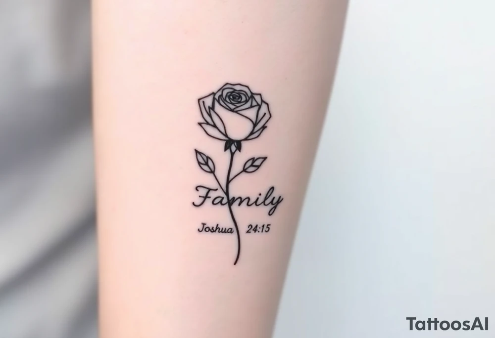 fine-line rose on my inner wrist, with the stem flowing down into the word Family in soft cursive, and Joshua 24:15 in tiny clean text underneath. photo of it tattoo idea