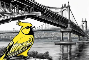 Istanbul bridge with blue details and behind them a big yellow canary tattoo idea