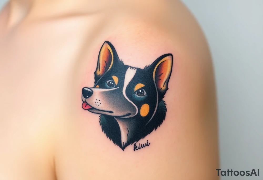 One line tattoo of female dog with white strip going up dog’s snout slightly off centered. With  the dogs tongue slightly out and the name kiwi and an Aquarius them to it . Just the colors black  white brown and green tattoo idea