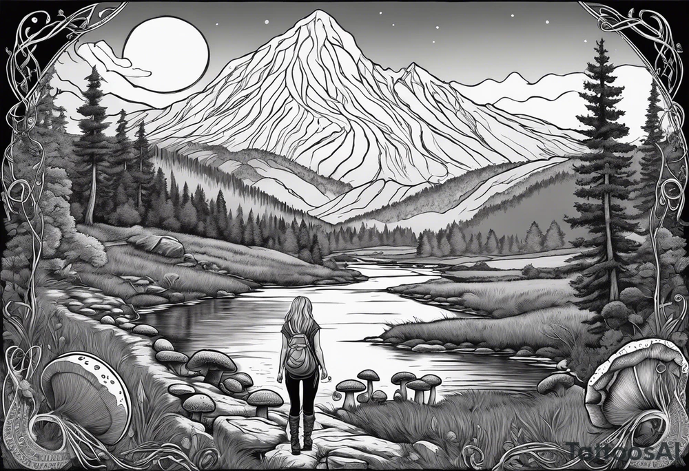 Whole picture encircled fully

Straight long blonde hair hippie girl in distance holding mushrooms in hand facing away toward mountains and creek surrounded by mushrooms long sleeve shirt and hiking pants; whole rendering within a full celtic circle, no cut off circle tattoo idea