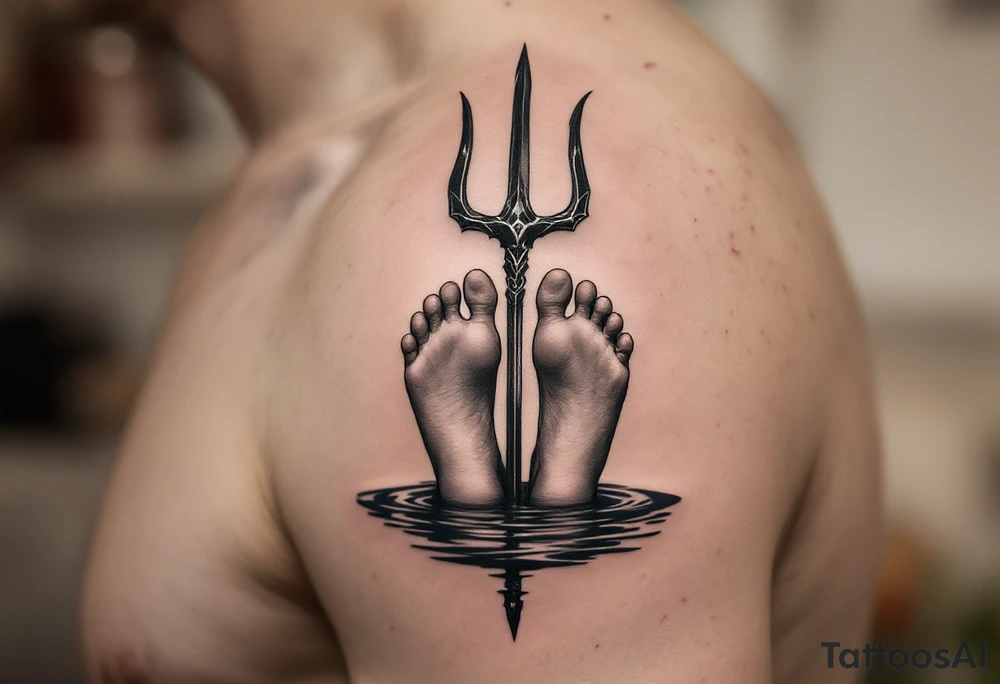 barefeet behind trident with water tattoo idea